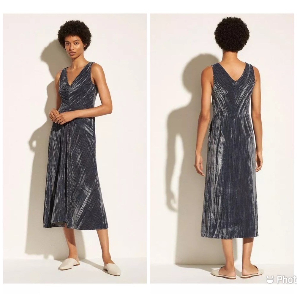 Vince Ruched Panel V Neck Pleated Velvet Dress Blue Sz 10 Midi Sleeveless